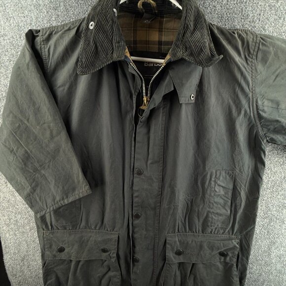 Barbour Border A201 Blue Waxed Jacket Men Full Zip Size 40 Tartan HALF SLEEVE - Picture 1 of 15